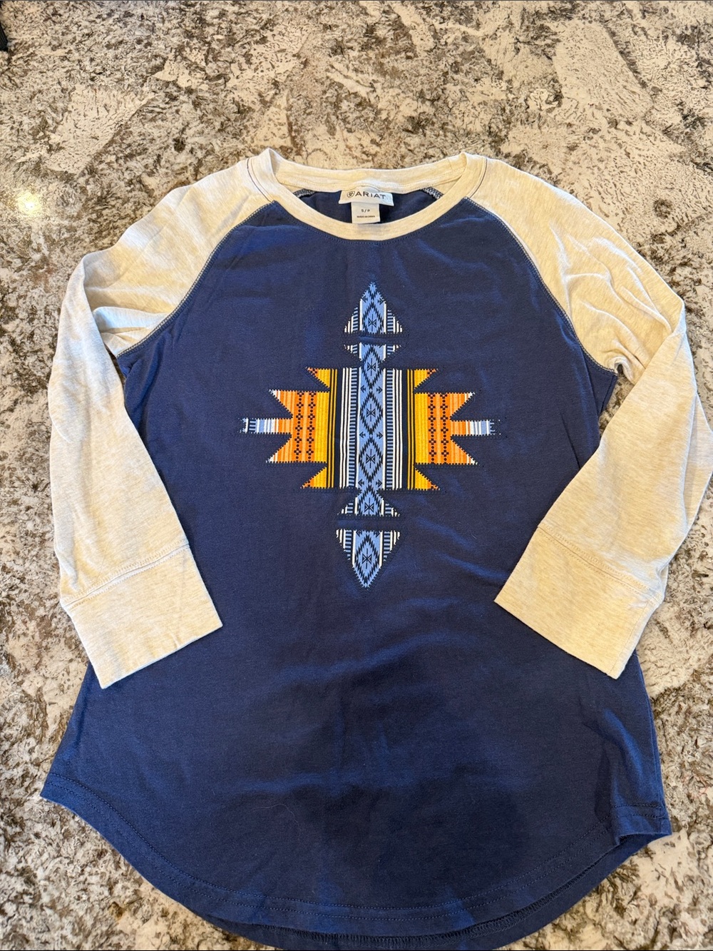 Ariat Navy Raglan Tee with Southwestern Center Motif